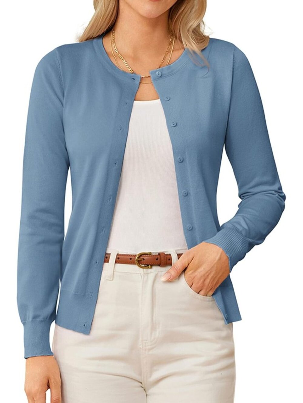 🆕Women's Lake Blue Lightweight Knit Cardigan Sweater Crew Neck Button Front